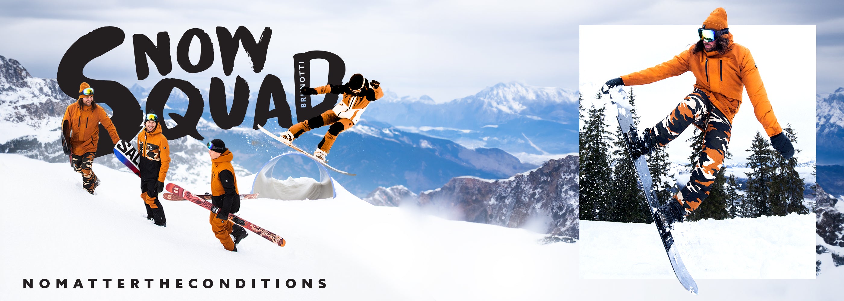 Men having a great time together on the slope wearing the newest ski outfits from Brunotti.