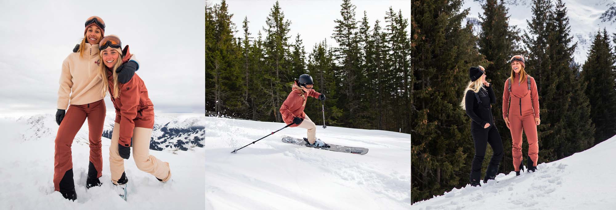 dames in de sneeuw in leuke skibroeken en skijassen van Brunotti.