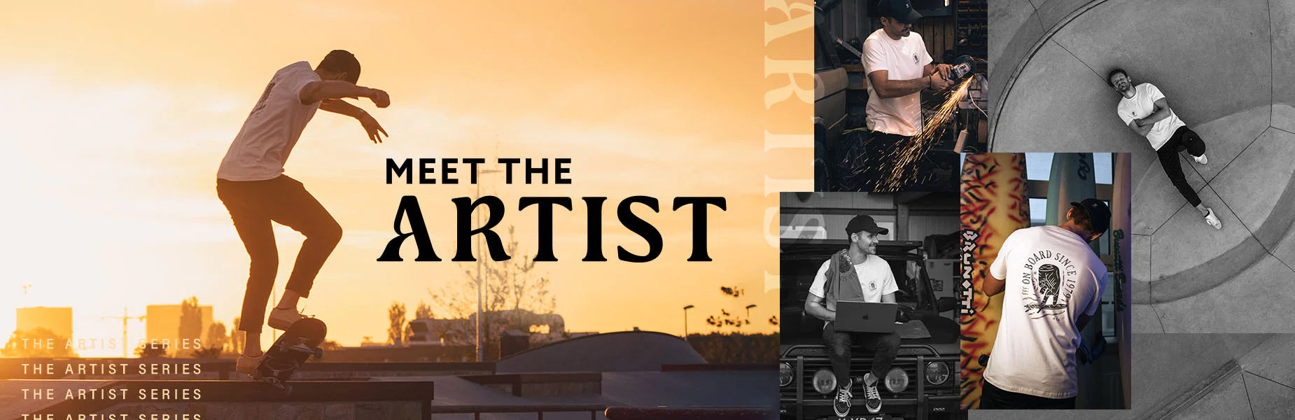 Artist Tarik op zijn skateboard met zijn eigen ontworpen Meet The Artist T-shirt in de kleur wit