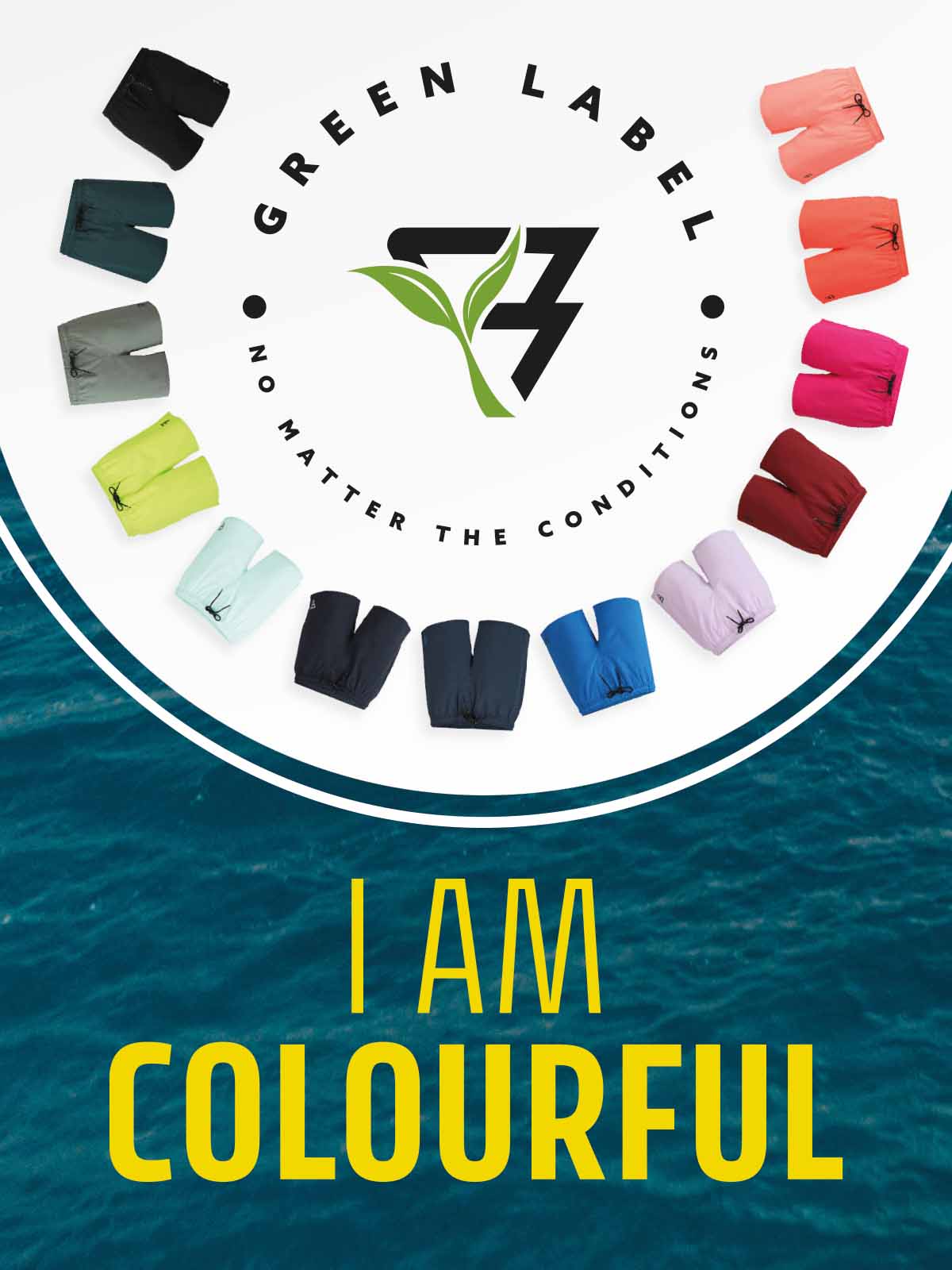 All colors of the Brunotti Bru-conic Swim Shorts displayed in a circle around the Brunotti Green Label that stands for Sustainability and Eco-Friendly use of fabrics