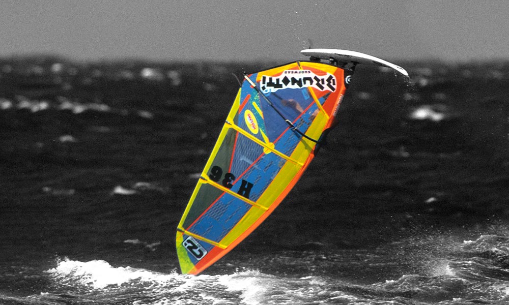 A Brunotti Custom Windsurf Board doing amazing trick in the air.