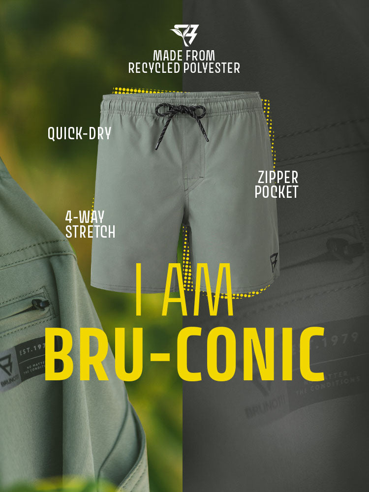 Brunotti Bru-coni Vintage Green Swim Shorts with all features displayed: quick-dry, 4-way stretch, zipper pockets and recycled materials.