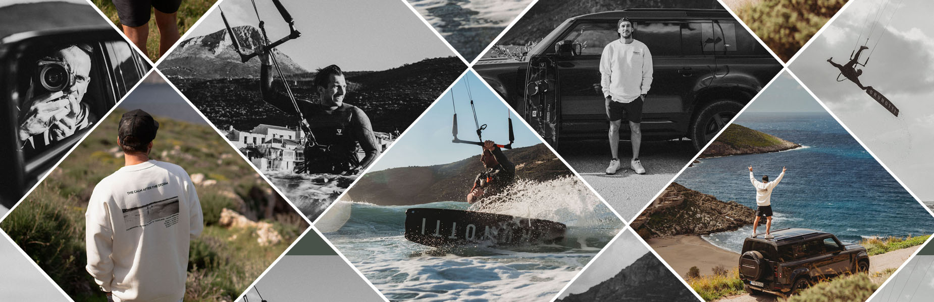 Collage van afbeeldingen van de nieuwe behind the lens campagne van brunotti met t-shirts en sweats tijdens het zomerseizoen