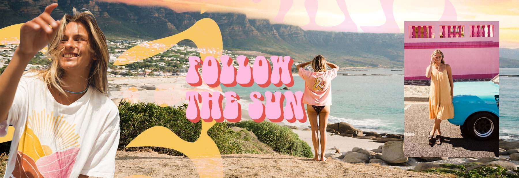 Follow the sun is het thema van deze dames die op het strand lopen met t-shirts met vrolijke grote print.