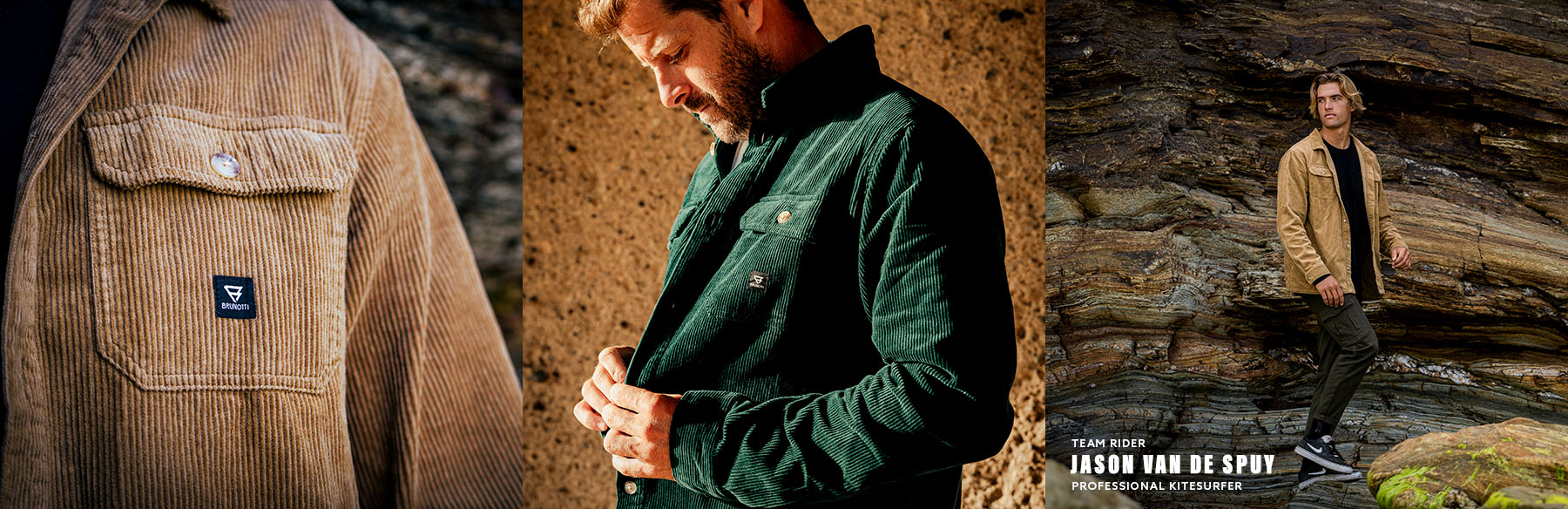 Corduroy shirts en overhemden met Brunoti logo gedragen door heren in de kleur groen en bruin. Als jas of als shirt voor tijdens een wandeling.