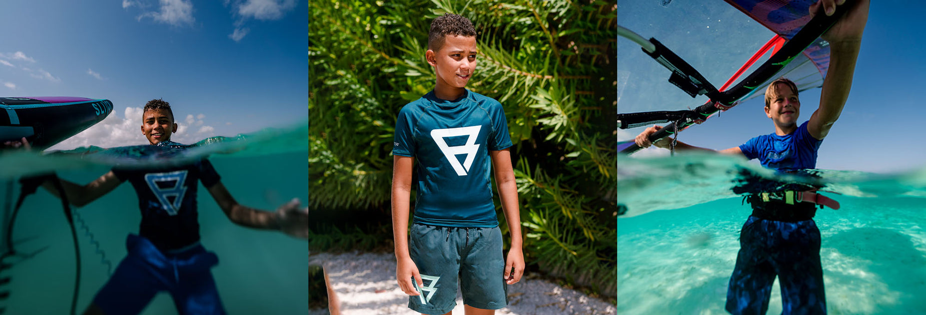 Deze jongen draagt een zwem lycra of rashguard van Brunotti met UV filter. Je huid is goed beschermd tegen de zon en ook tegen huid irritaties wanneer je op het board klimt.