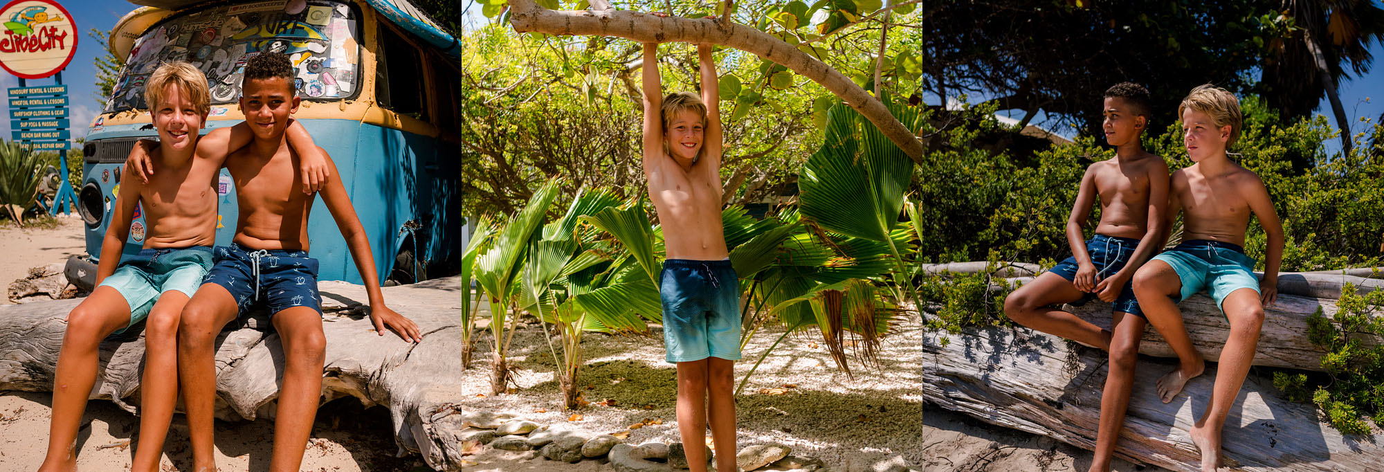 Boys playing on the beach, hanging in trees and having fun in the warm sun. They wear their quick drying Brunotti shorts feeling great.
