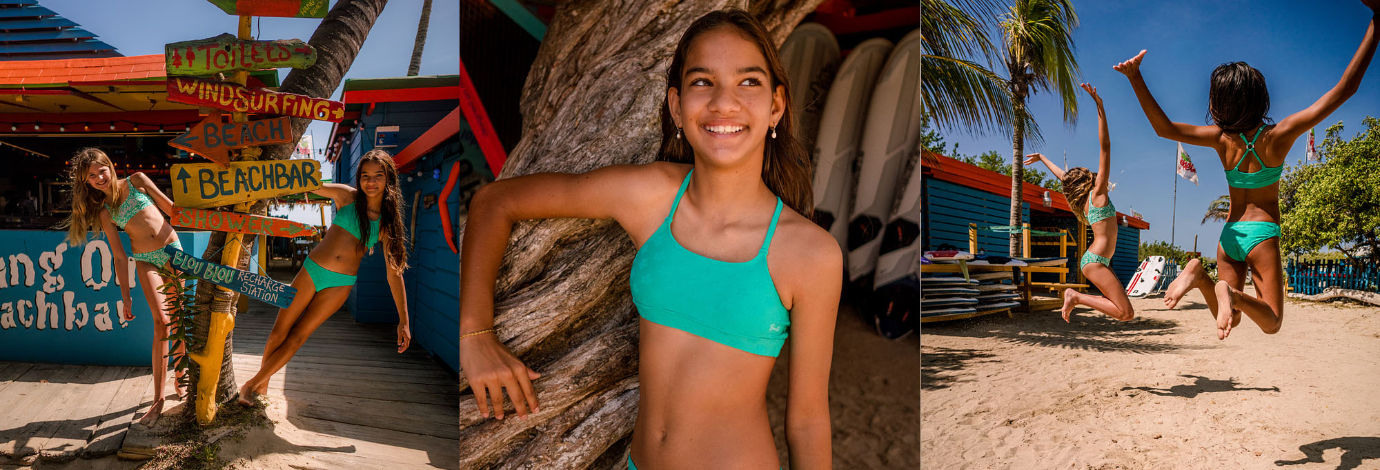 A girl is playing on the beach and enjoying the sun, wearing a green bikini from Brunotti.