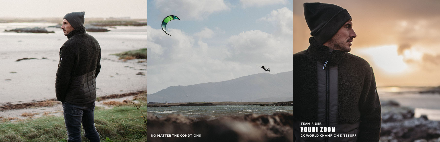 Youri Zoon loopt op het strand en draagt een zachte warme fleece na een super surf session.