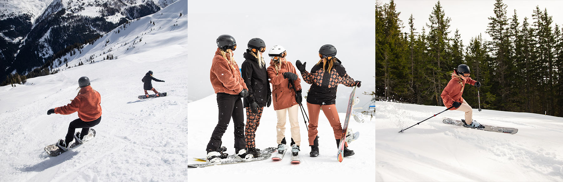 Wintersporters Dames op Ski's en snowboard op de piste met Brunotti helm en skibril met een wintersportjas aan.