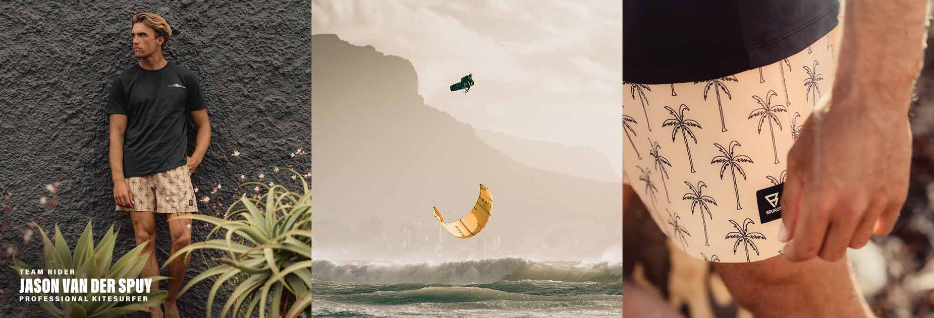 Man draagt een veelzijdige hybrid short op het strand, tijden het kiten en in de stad.