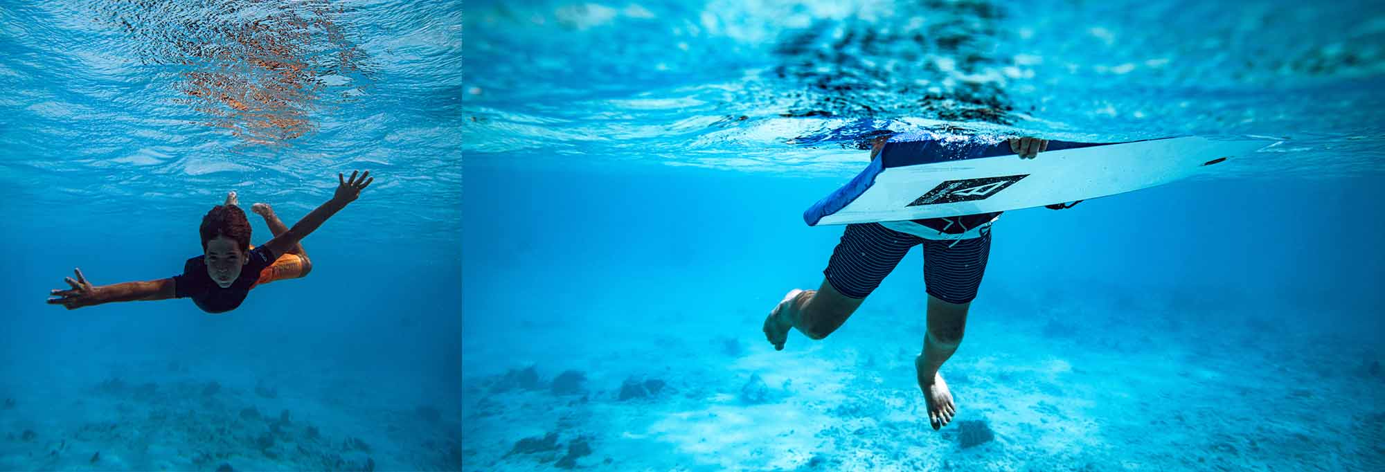 A boy is diving in a bright blue ocean with a Brunotti Rashguard and a Brunotti body board. He is also wearing a Brunotti Swim Short.