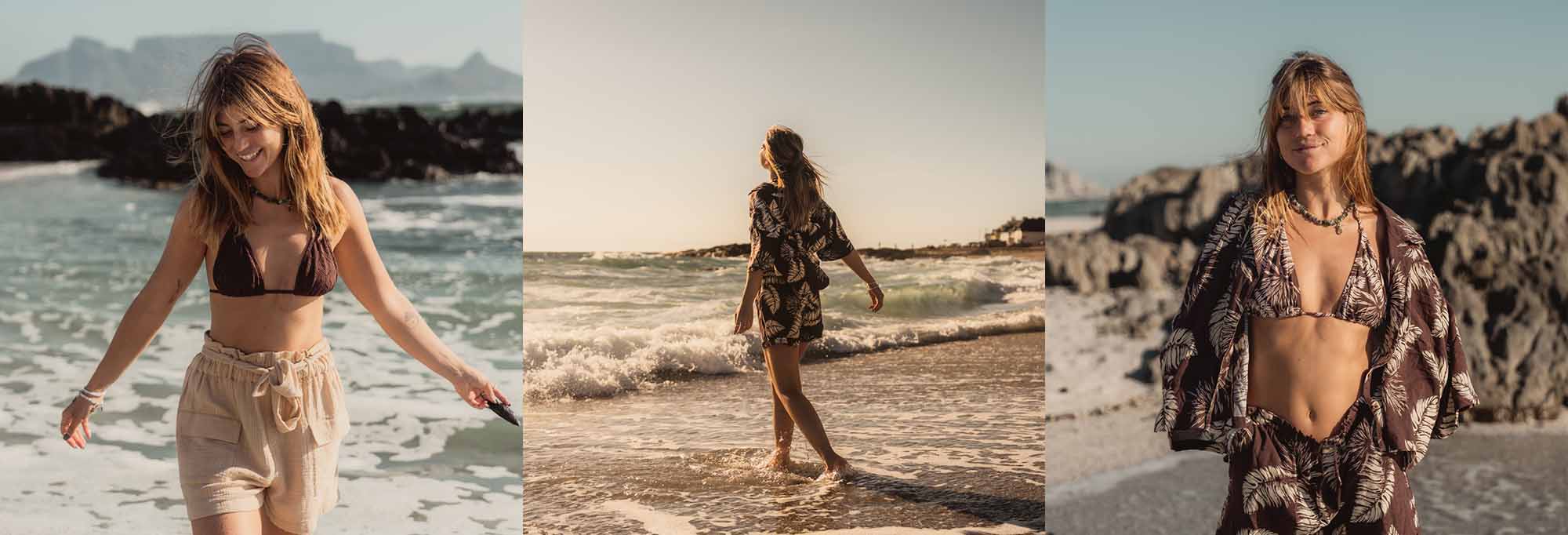 Vrouw draagt een heerlijke outfit op het strand: bikini, shorts en shirt zijn allemaal van Brunotti.