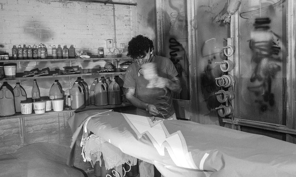 Claudio Brunotti making his custom made board in his workshop 1983. The beginning of Brunotti