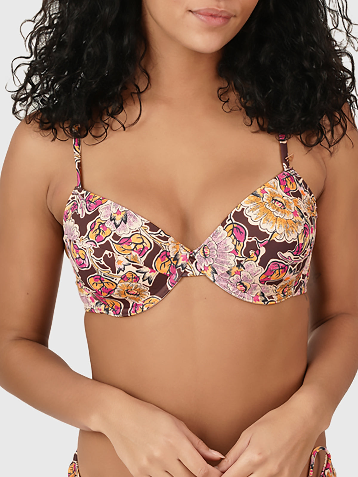 Underwire Moulded Bikini Top for Women from Brunotti in Sakai Flower Print iwth Brown, Orange and Pink colors
